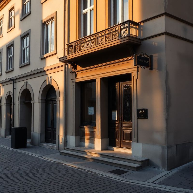 Intrarea biroului Atelier Stan pe o stradă pavată din centrul Brașovului